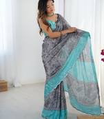 Chiffon digital print scallped border foil mirror work saree