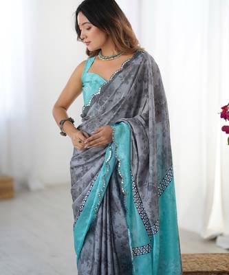 Chiffon digital print scallped border foil mirror work saree 4