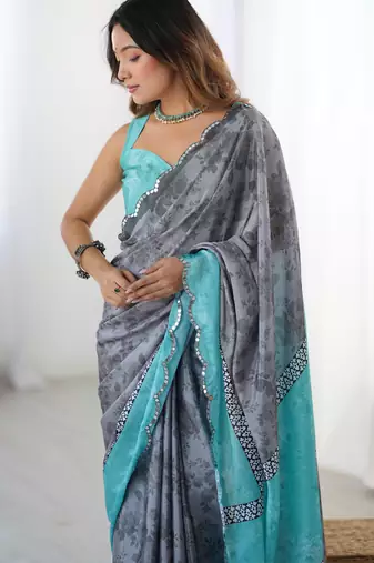 Chiffon digital print scallped border foil mirror work saree