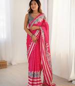 Chiffon digital print scallped border foil mirror work saree
