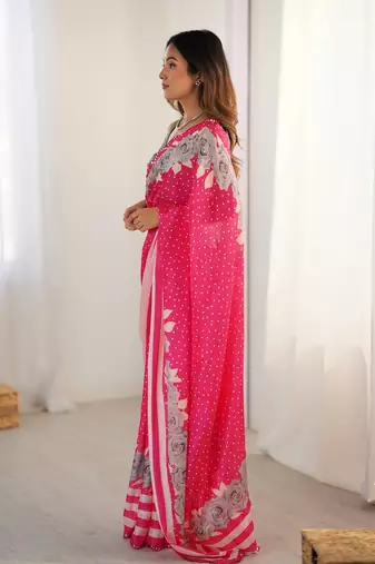 Chiffon digital print scallped border foil mirror work saree