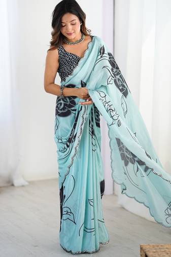 Chiffon digital print scallped border foil mirror work saree