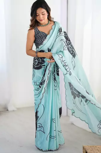 Chiffon digital print scallped border foil mirror work saree