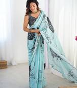 Chiffon digital print scallped border foil mirror work saree