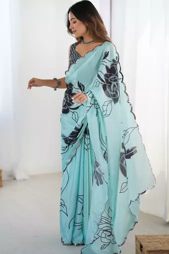 Chiffon digital print scallped border foil mirror work saree