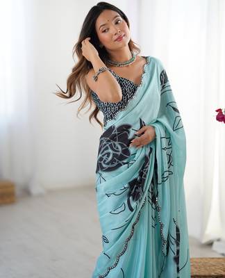 Chiffon digital print scallped border foil mirror work saree 4
