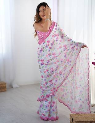 Chiffon digital print scallped border foil mirror work saree 1