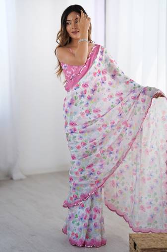 Chiffon digital print scallped border foil mirror work saree