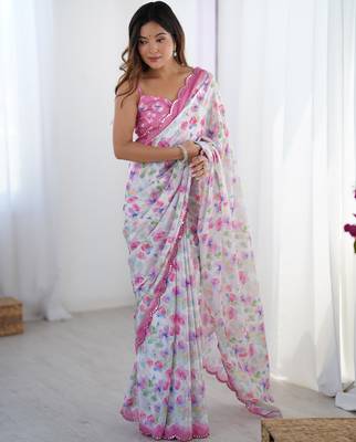 Chiffon digital print scallped border foil mirror work saree 2