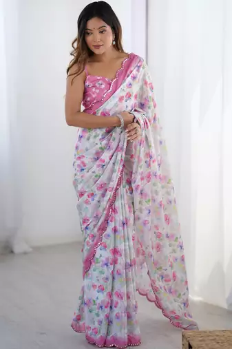Chiffon digital print scallped border foil mirror work saree