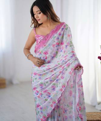 Chiffon digital print scallped border foil mirror work saree 3
