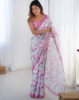 Chiffon digital print scallped border foil mirror work saree 5