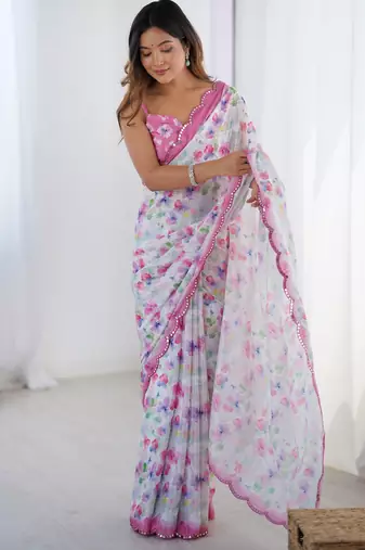 Chiffon digital print scallped border foil mirror work saree