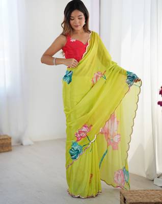 Chiffon digital print scallped border foil mirror work saree 1