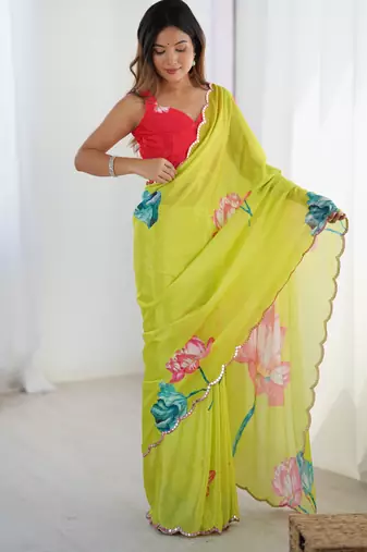 Chiffon digital print scallped border foil mirror work saree