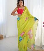 Chiffon digital print scallped border foil mirror work saree