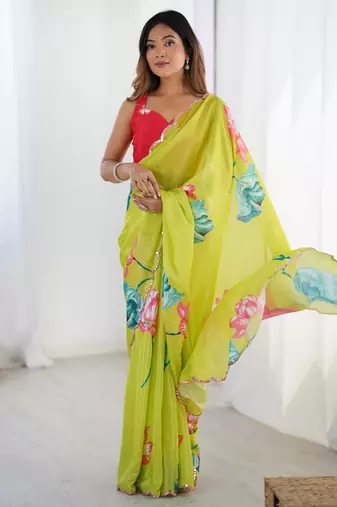Chiffon digital print scallped border foil mirror work saree