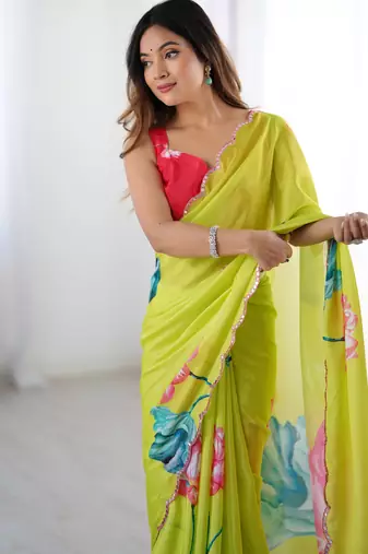 Chiffon digital print scallped border foil mirror work saree