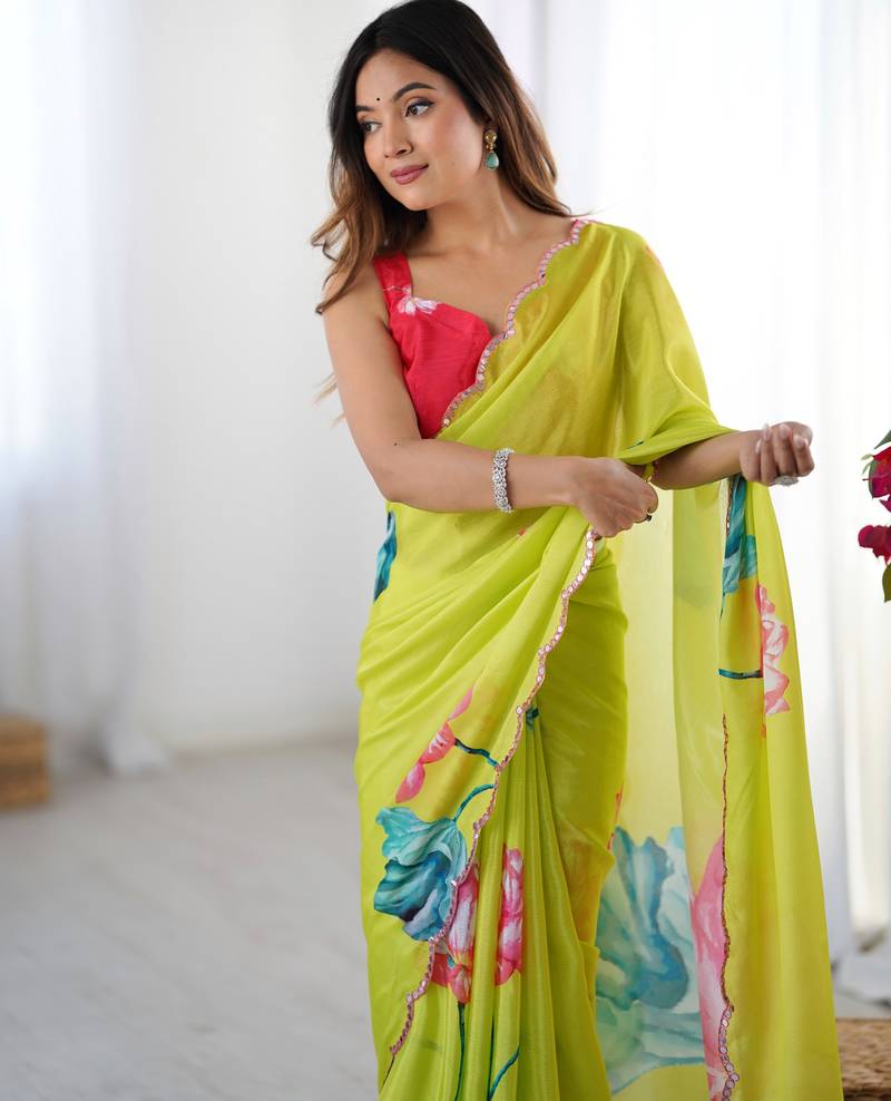 Chiffon digital print scallped border foil mirror work saree