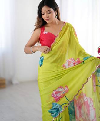 Chiffon digital print scallped border foil mirror work saree 4
