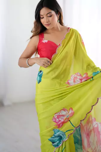 Chiffon digital print scallped border foil mirror work saree