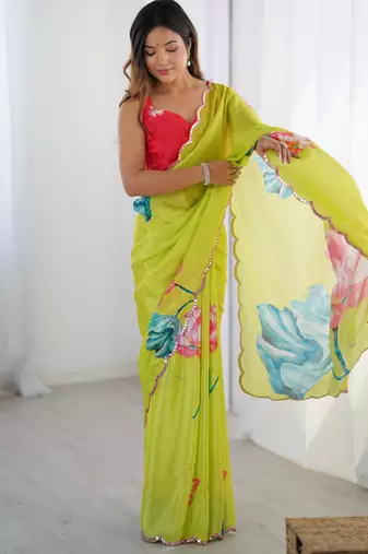 Chiffon digital print scallped border foil mirror work saree
