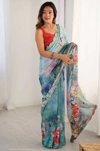Chiffon digital print scallped border foil mirror work saree