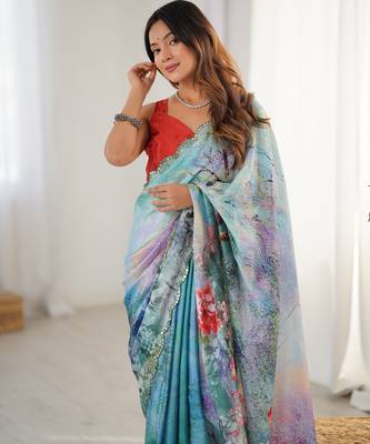 Chiffon digital print scallped border foil mirror work saree 2