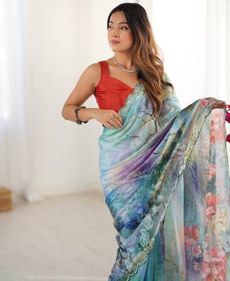 Chiffon digital print scallped border foil mirror work saree 3