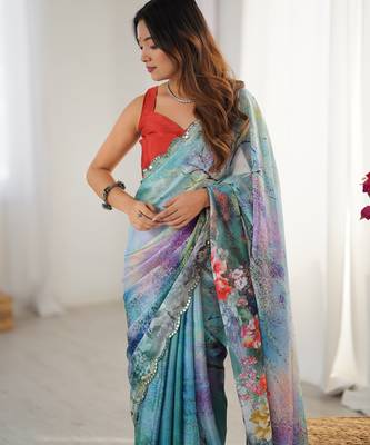 Chiffon digital print scallped border foil mirror work saree 4