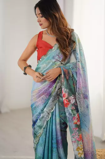 Chiffon digital print scallped border foil mirror work saree