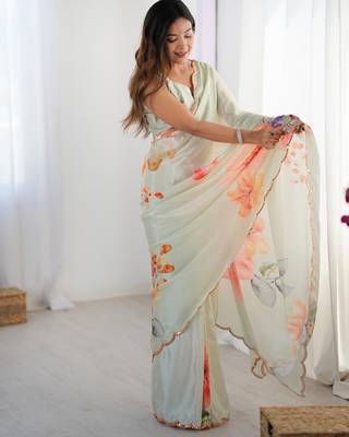 Chiffon digital print scallped border foil mirror work saree 1
