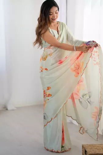 Chiffon digital print scallped border foil mirror work saree