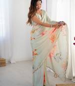 Chiffon digital print scallped border foil mirror work saree