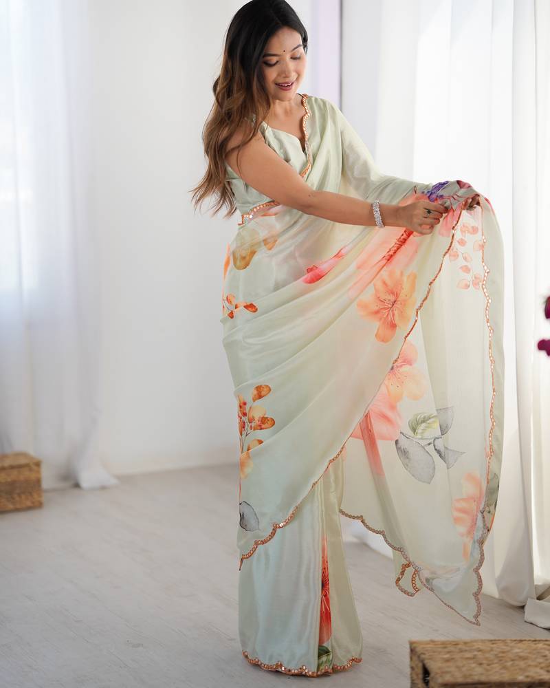 Chiffon digital print scallped border foil mirror work saree