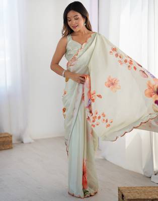Chiffon digital print scallped border foil mirror work saree 2