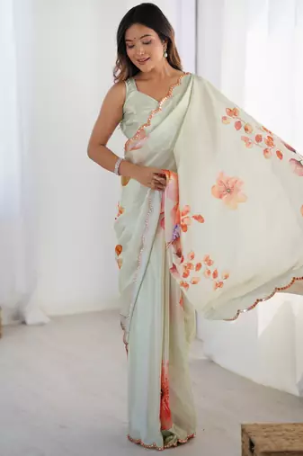 Chiffon digital print scallped border foil mirror work saree