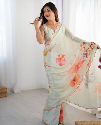 Chiffon digital print scallped border foil mirror work saree 3
