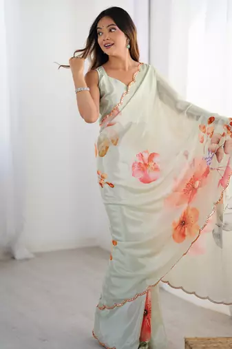 Chiffon digital print scallped border foil mirror work saree