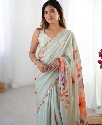 Chiffon digital print scallped border foil mirror work saree 4