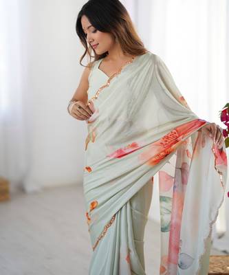 Chiffon digital print scallped border foil mirror work saree 5