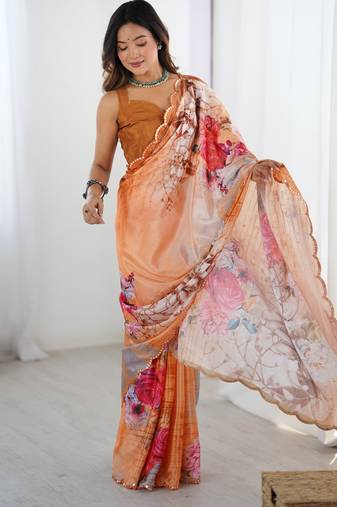 Chiffon digital print scallped border foil mirror work saree