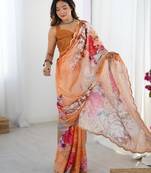 Chiffon digital print scallped border foil mirror work saree
