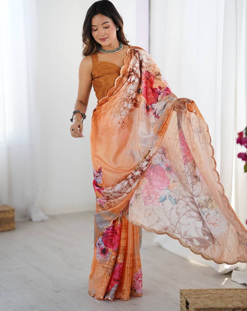 Chiffon digital print scallped border foil mirror work saree