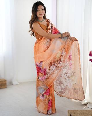 Chiffon digital print scallped border foil mirror work saree 3