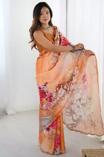 Chiffon digital print scallped border foil mirror work saree