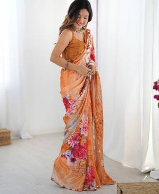 Chiffon digital print scallped border foil mirror work saree 4