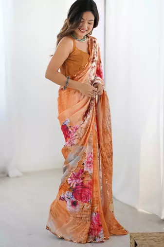 Chiffon digital print scallped border foil mirror work saree