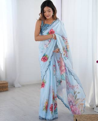 Chiffon digital print scallped border foil mirror work saree 1