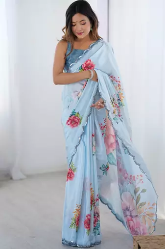 Chiffon digital print scallped border foil mirror work saree
